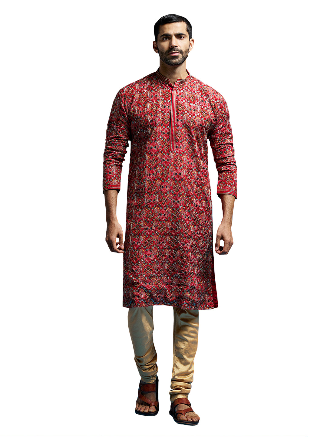 Men's Red Chinon Kurta And Pyjama Set.