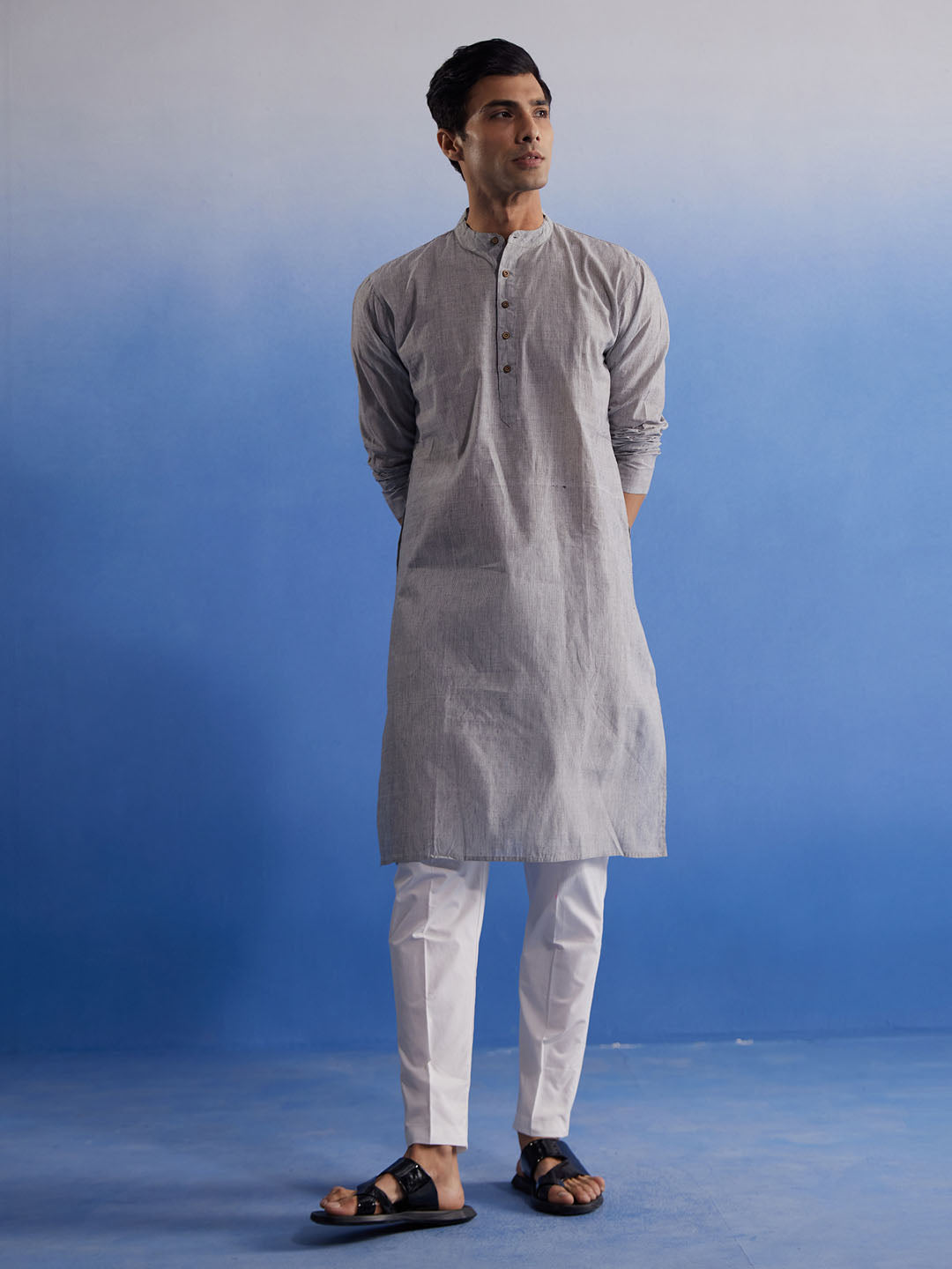 Men's Grey And White Pure Cotton Kurta Pyjama Set