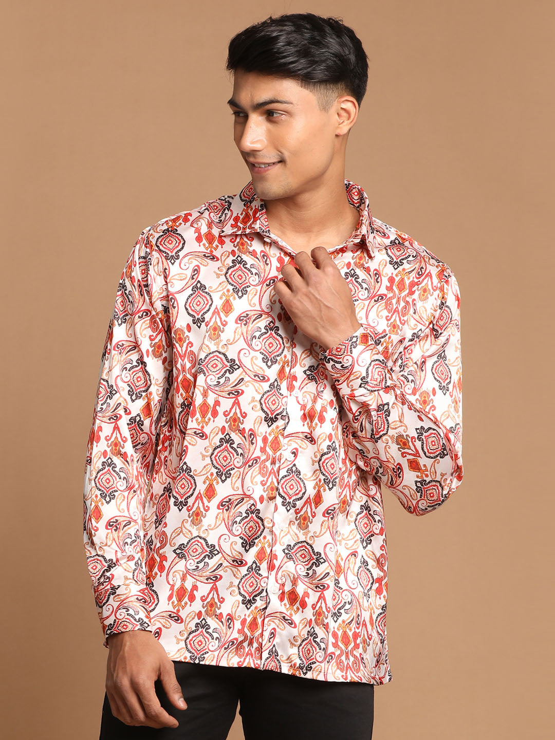 Men's Multicolored-Base-Cream Satin Ethnic Shirt