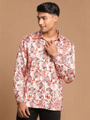 Men's Multicolored-Base-Cream Satin Ethnic Shirt