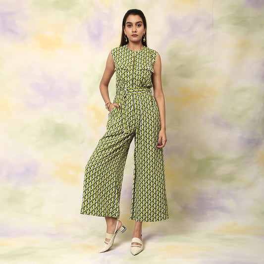 Printed Green Zipper Jumpsuit