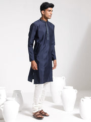 Men's Navy Blue And Cream Silk Blend Kurta Pyjama Set