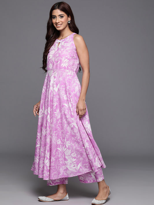 Women Lavender Floral Printed Halter Neck Anarkali Kurta With Bottom