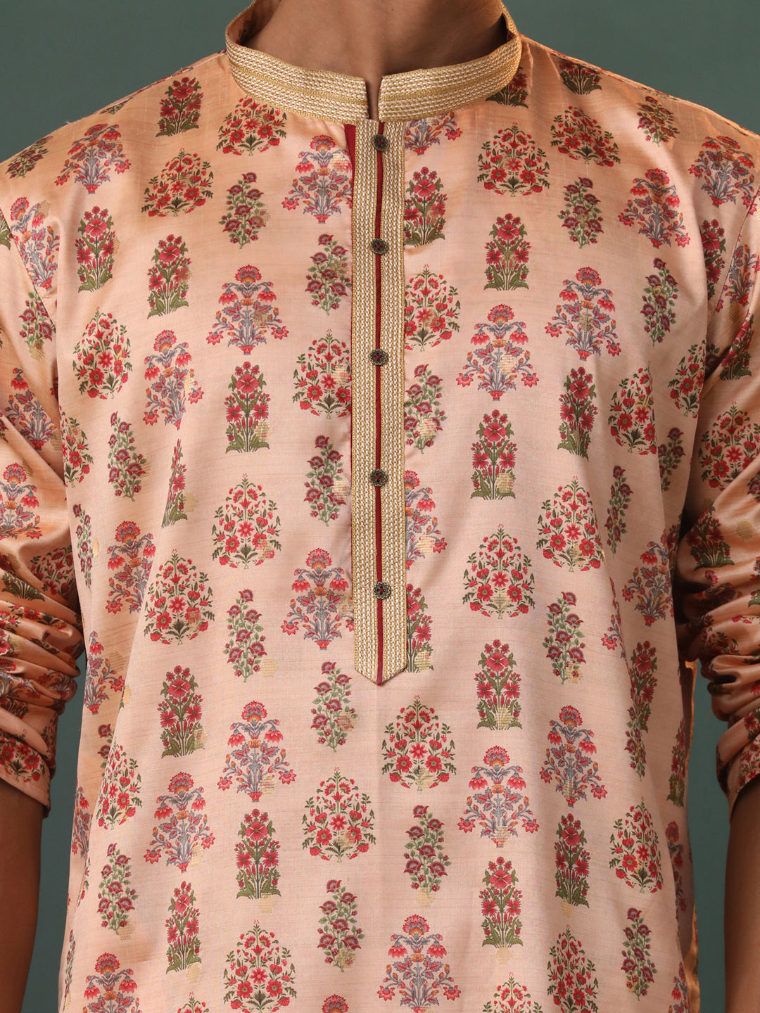 Men's Peach And Rose Gold Silk Blend Kurta Pyjama Set