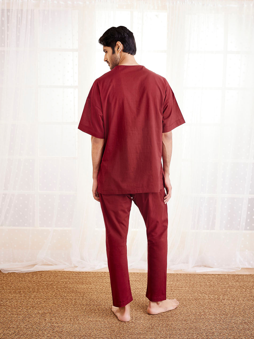 Men's Maroon Cotton Kurta Pyjama Set