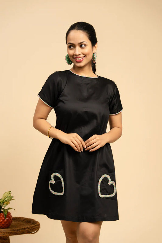 Women Black Viscose Cotton A-Line Knee-Length Dress