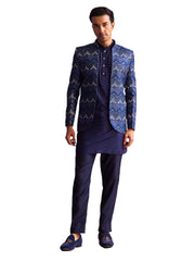 Men's Blue Viscose Jacket, Kurta and Pyjama Set