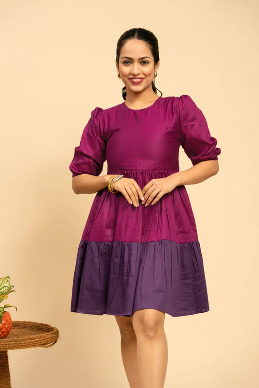 Women's Purple And Wine 2 Tier Viscose Cotton Short Flair Dress