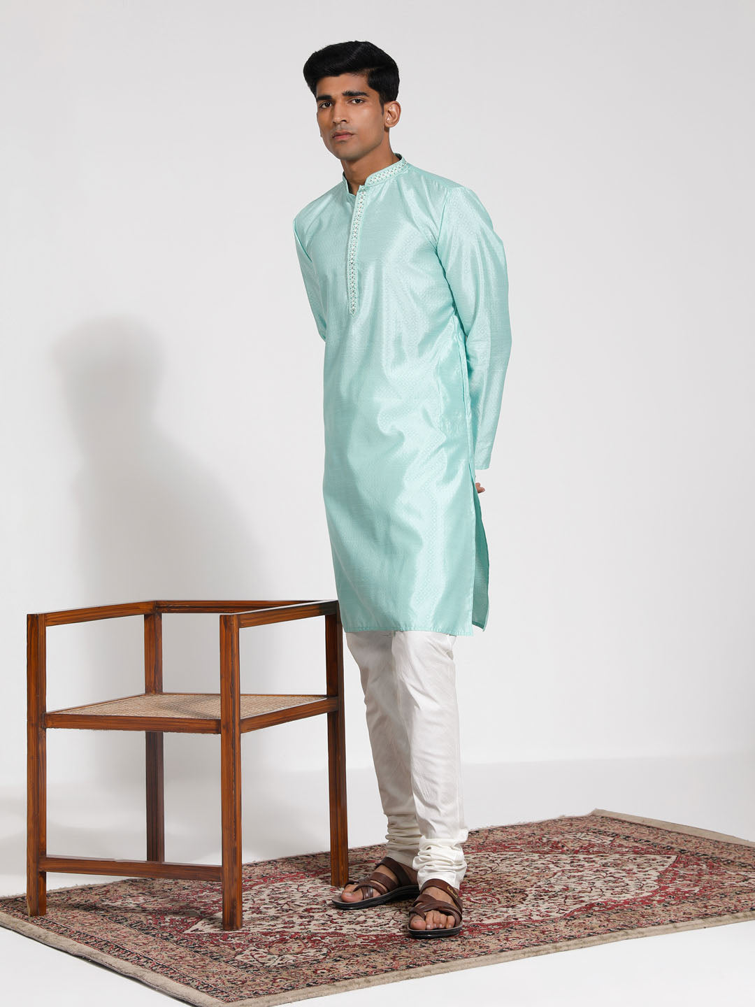 Men's Mint Green And Cream Silk Blend Kurta Pyjama Set