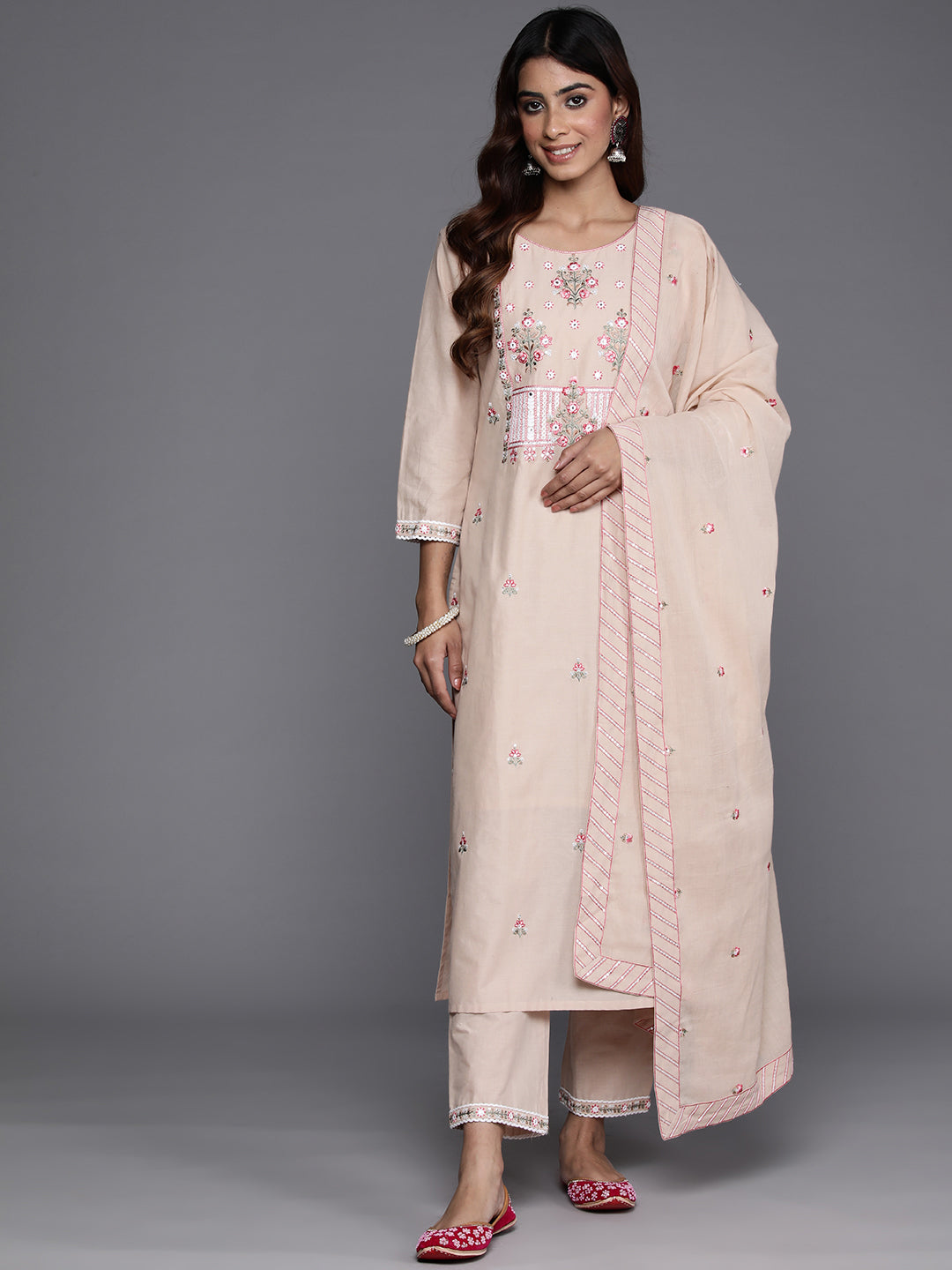 Women Beige Thread And Sequins Embroidered Kurta With Tonal Bottom And Dupatta