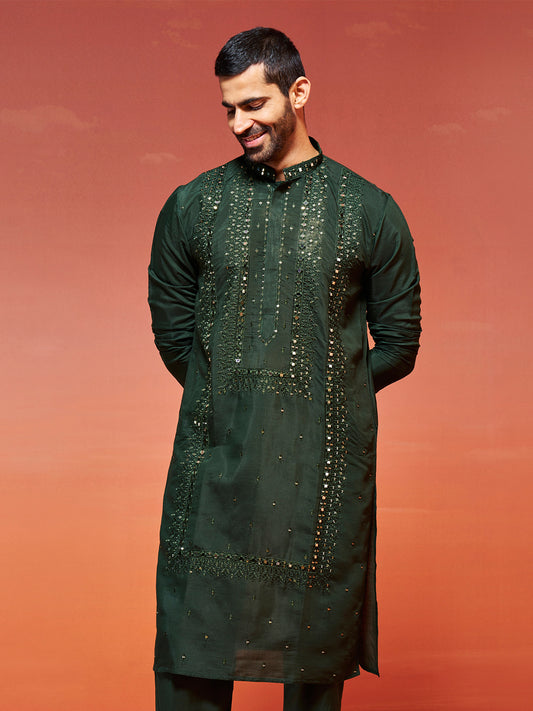 Men's Bottle Green Silk Blend Kurta