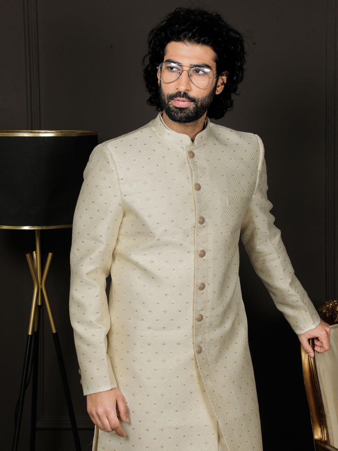 Men's Cream Viscose Sherwani Set