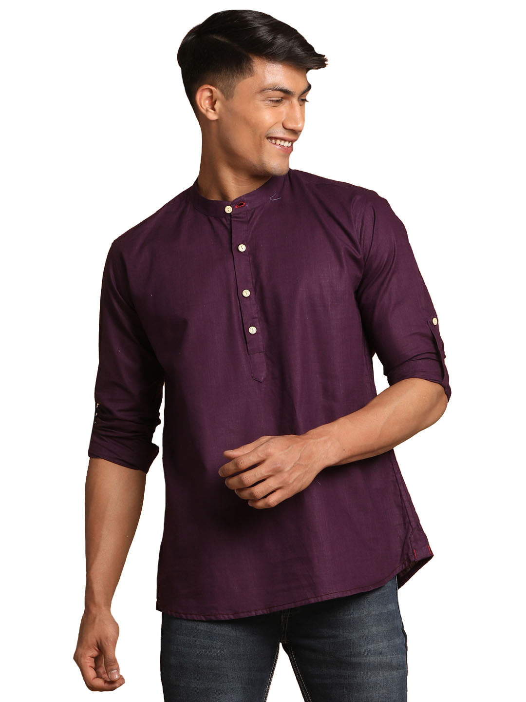 Men's Purple Cotton Blend Short Kurta