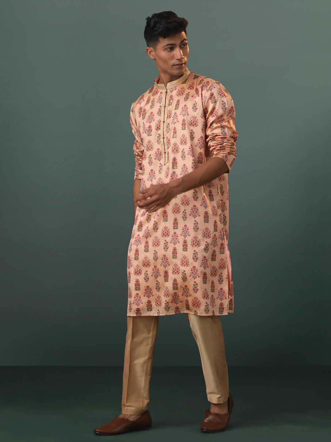 Men's Peach And Rose Gold Silk Blend Kurta Pyjama Set