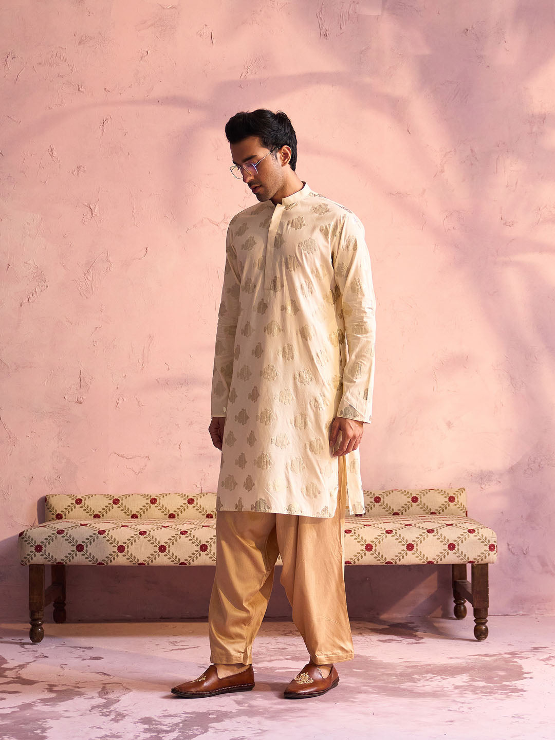 Men's Gold And Rose Gold Viscose Kurta and Patiala Set