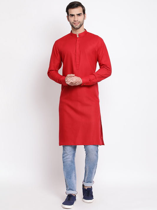 Men's Maroon Cotton Blend Kurta