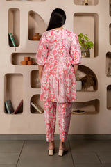 Women Stylist Floral Printed Pink Co-ord Set In Muslin