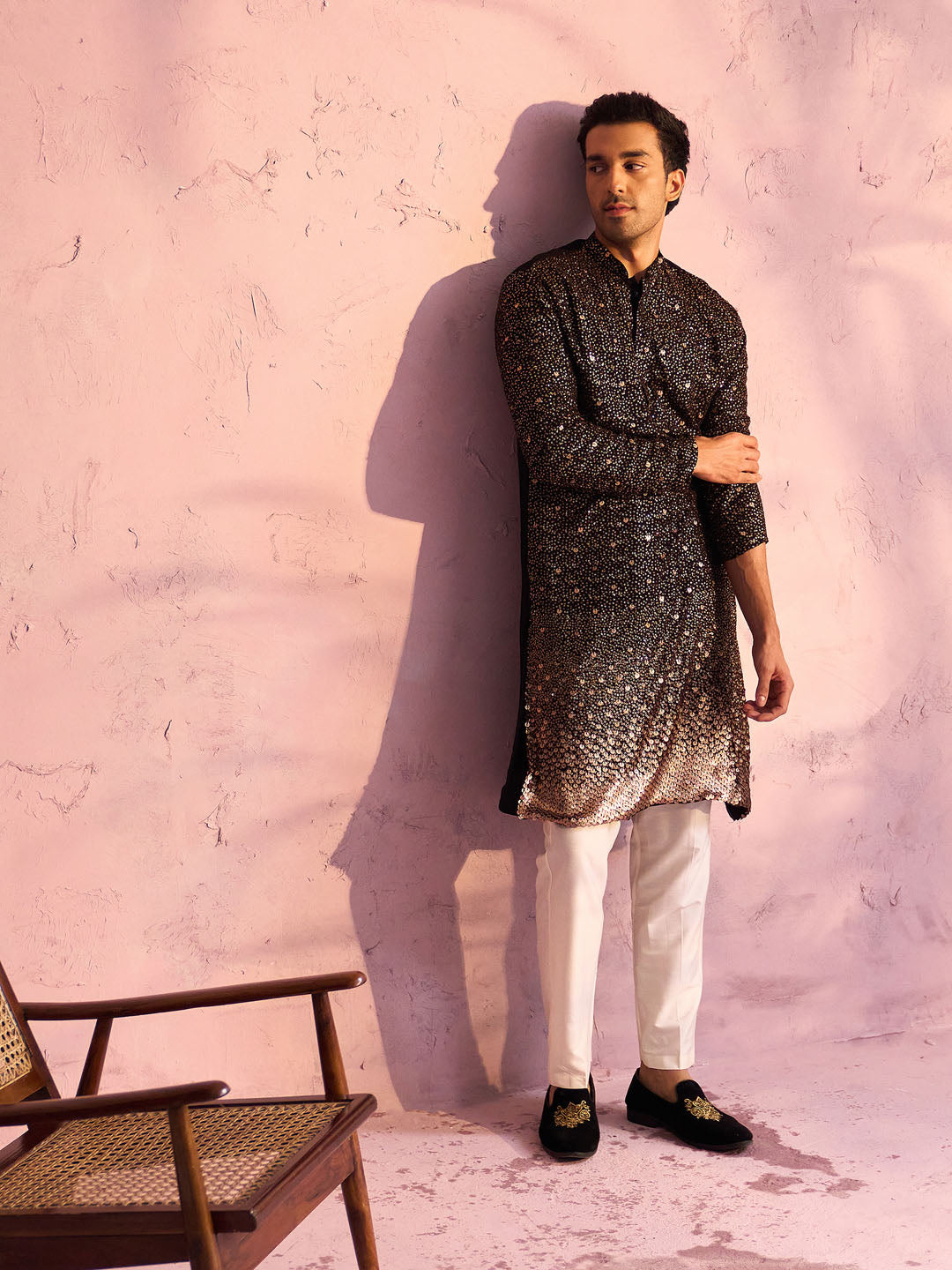 Men's Black And Cream Georgette Kurta Pyjama Set