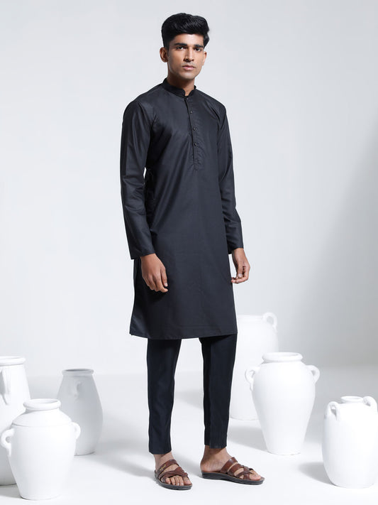 Men's Black Cotton Silk Kurta And Pyjama Set