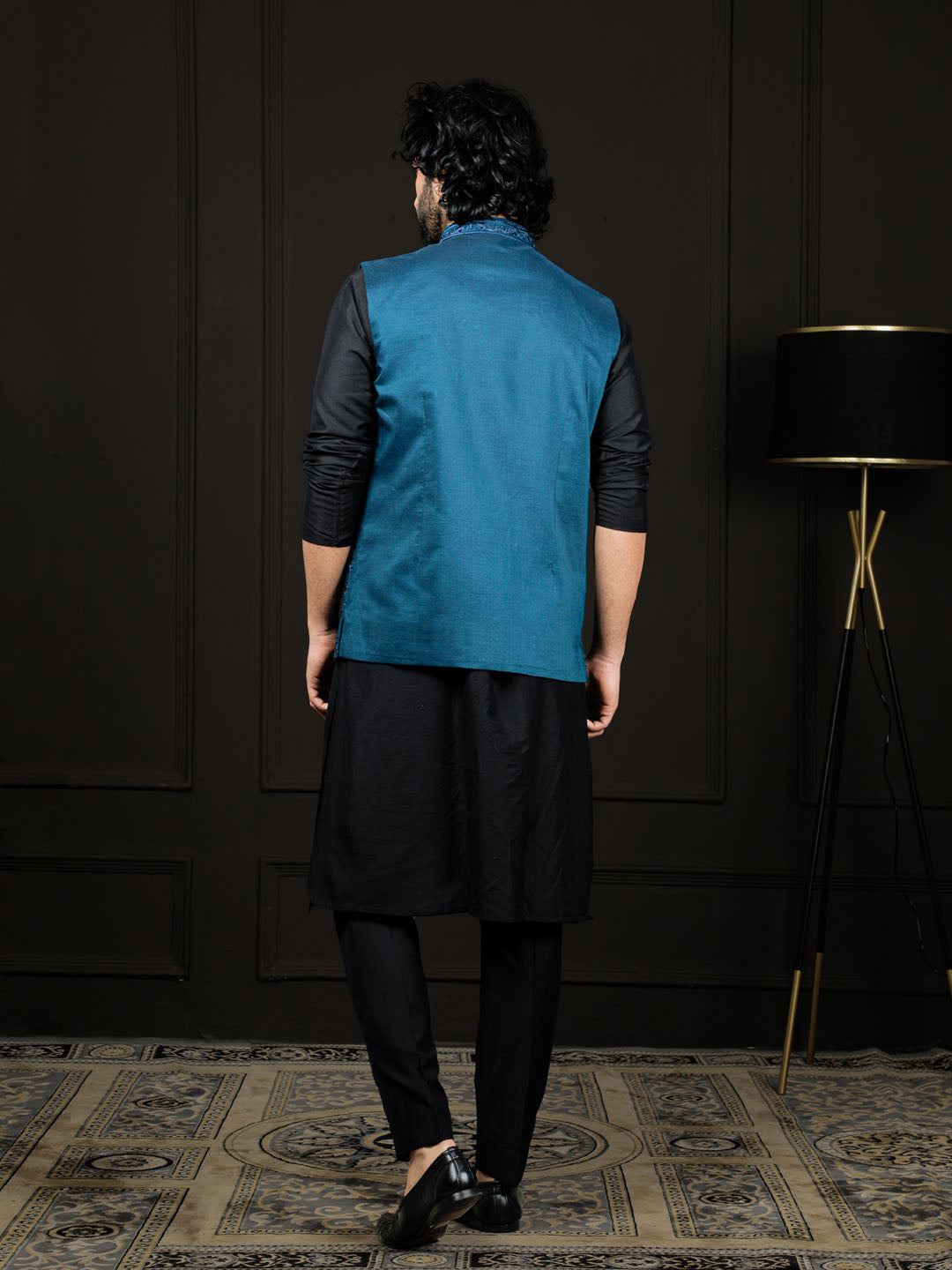 Men's Black And Turquoise Viscose Jacket, Kurta and Pyjama Set