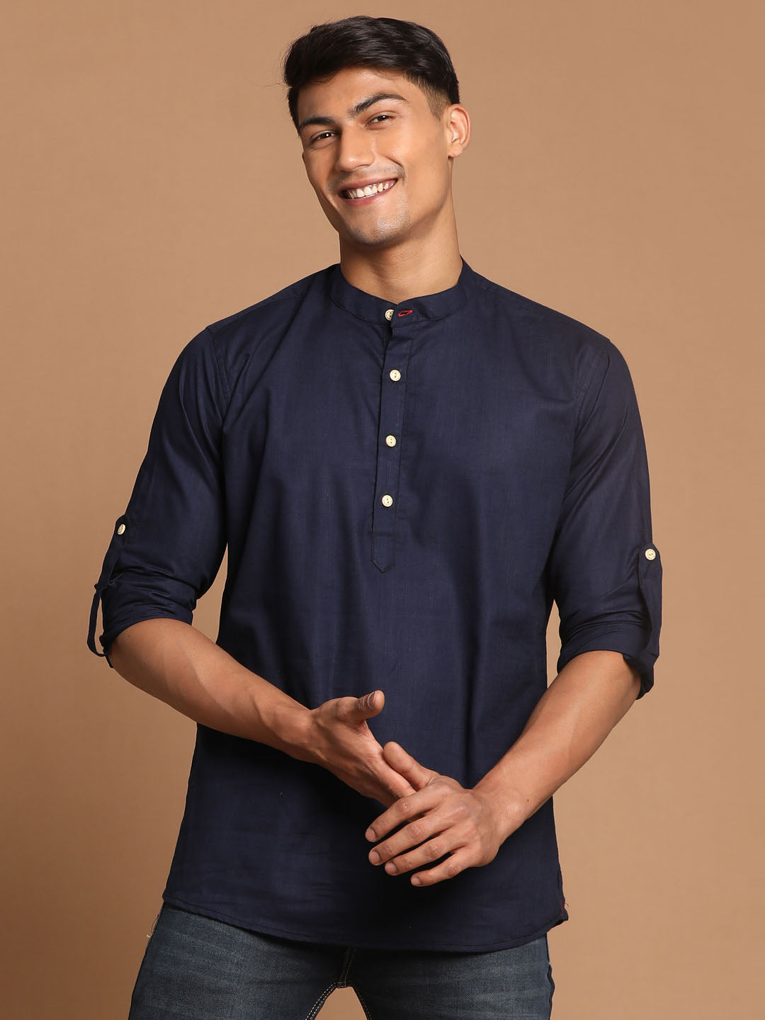 Men's Navy Blue Cotton Blend Short Kurta