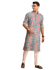 Men's Aqua And White Cotton Kurta And Pyjama Set