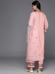 Women Peach Embroidered Straight Kurta Paired With Tonal Bottom And Organza Embroidered Dupatta