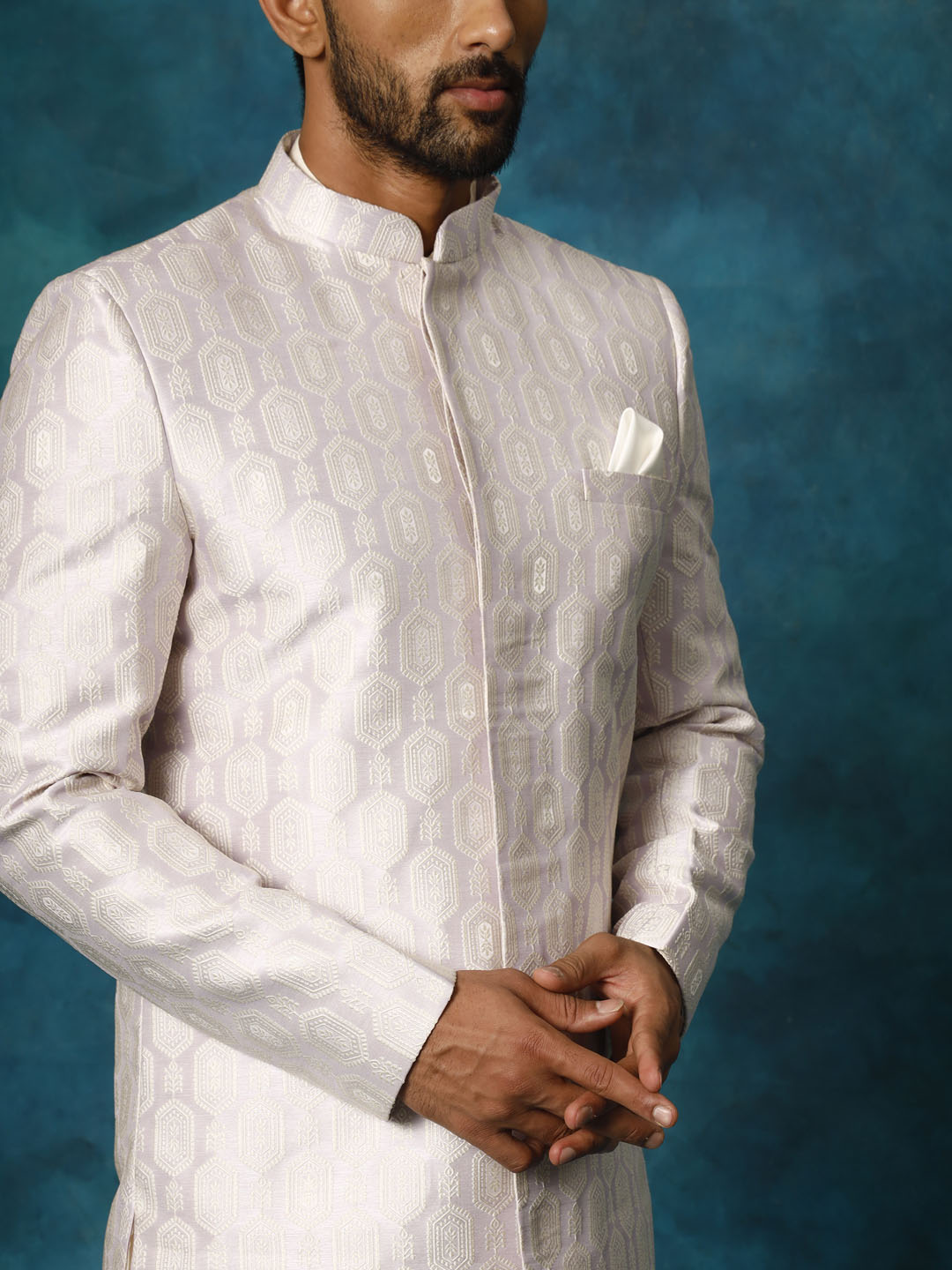 Men's Purple And Cream Viscose Sherwani Set