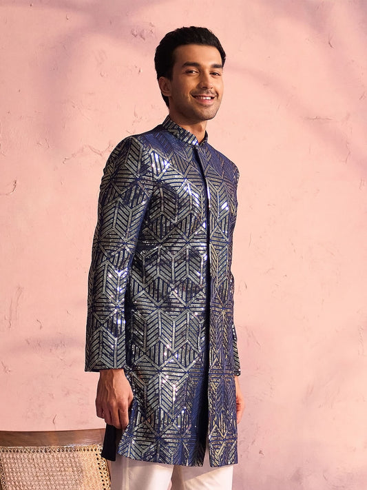 Men's Navy Blue Georgette Sherwani Only Top