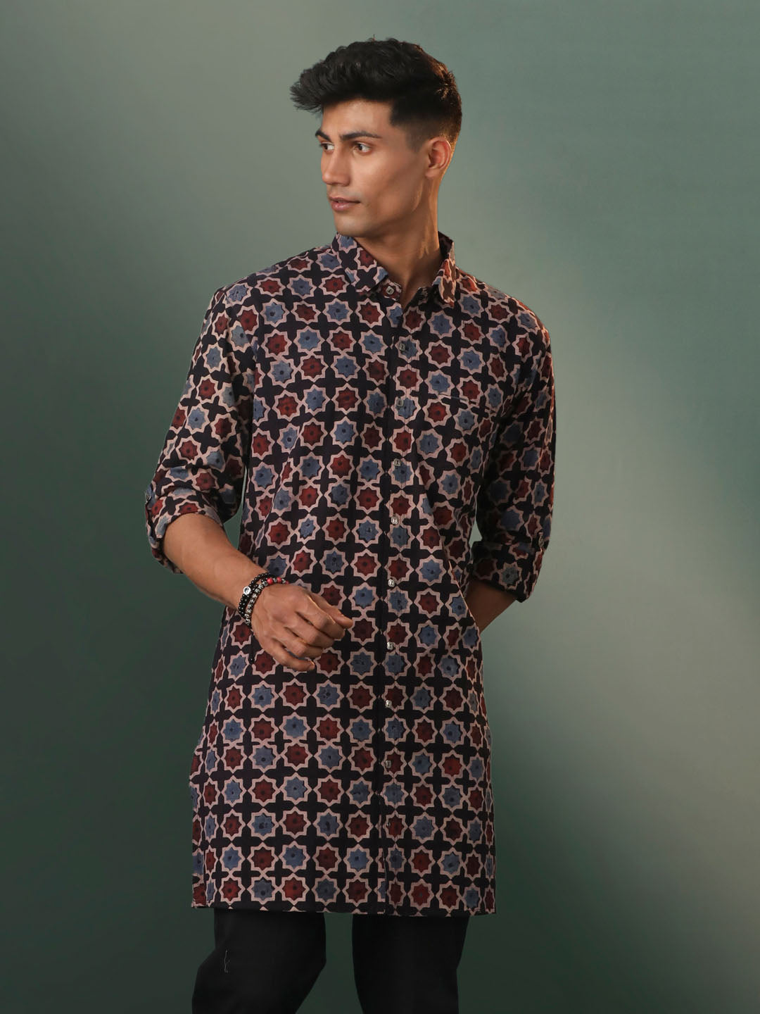 Men's Multicolor Base Black Cotton Kurta