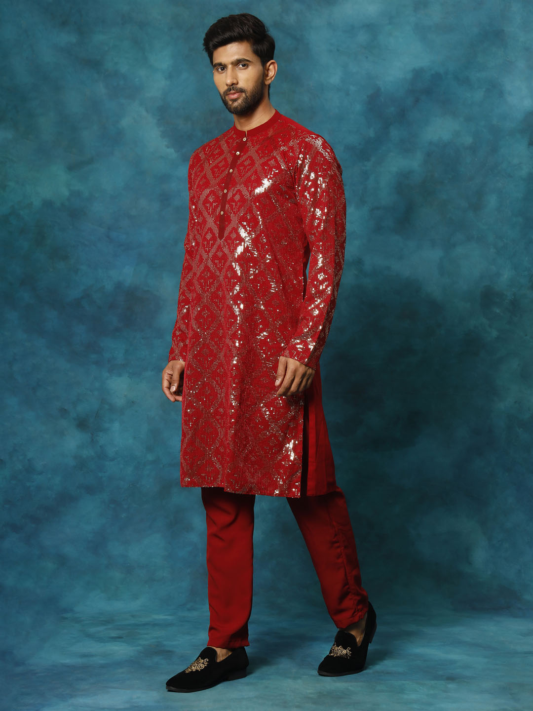 Men's Maroon Georgette Kurta Pyjama Set