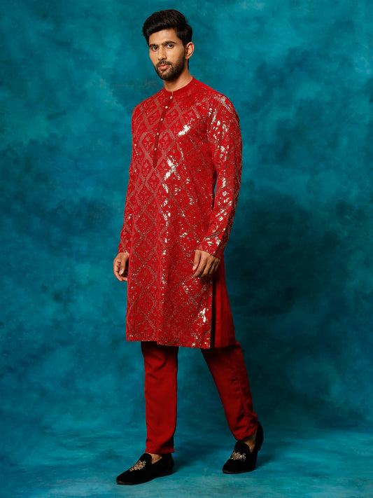 Men's Maroon Georgette Kurta Pyjama Set