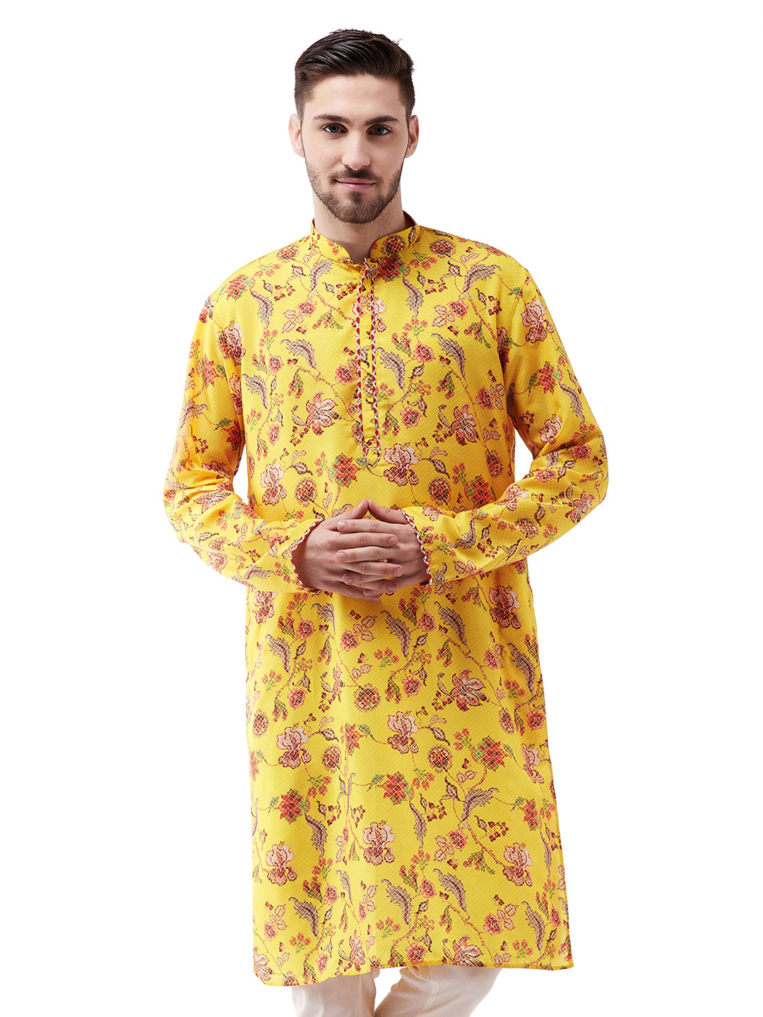 Men's Floral Printed Multicolor-Base-Yellow Silk Blend Kurta