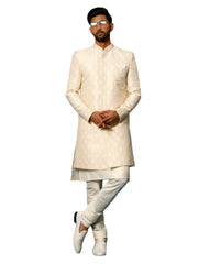 Men's Beige And Cream Viscose Sherwani Set