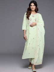 Women Green Thread And Sequins Embroidered Kurta With Tonal Bottom And Dupatta