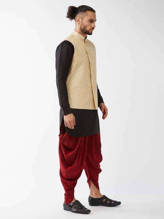 Men's Black, Cream And Maroon Silk Blend Jacket, Kurta and Dhoti Set