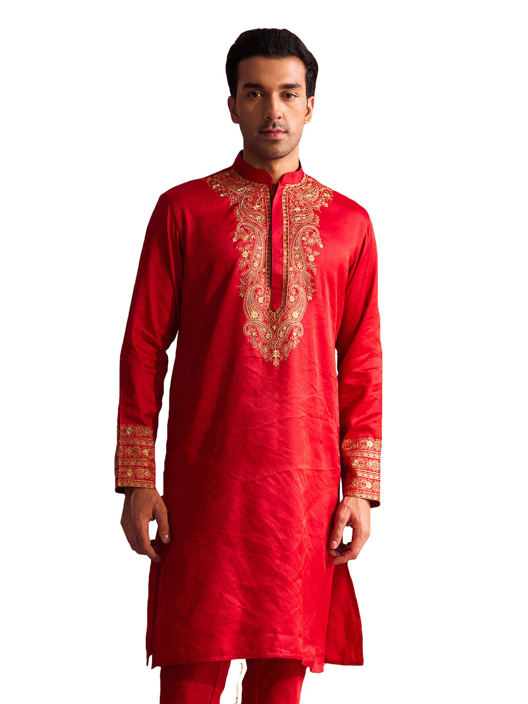 Men's Red And Cream Moonga Silk Kurta