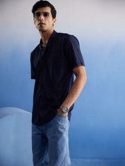 Men's Navy Blue Net Ethnic Shirt