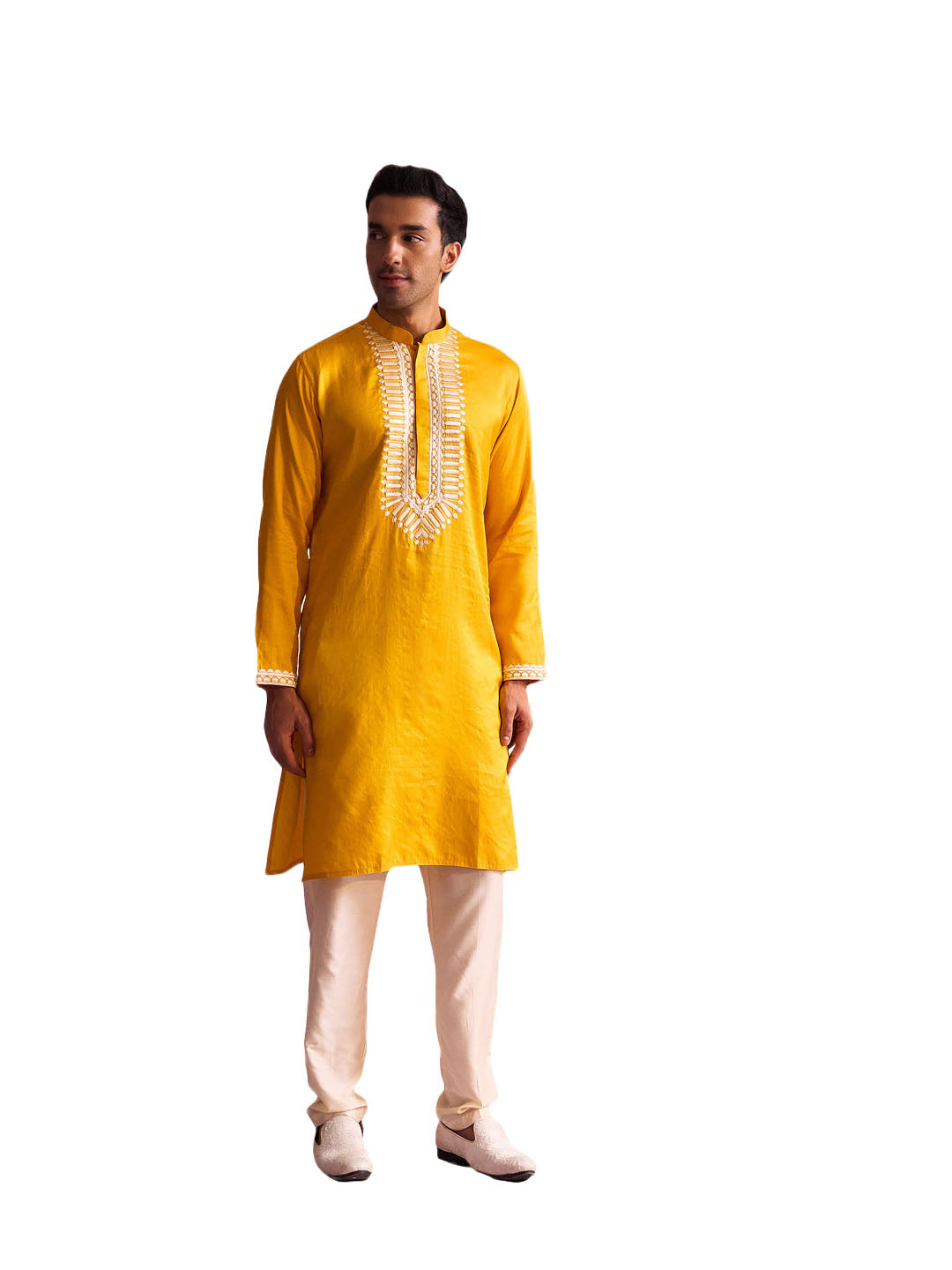 Men's Yellow And Cream Moonga Silk Kurta Pyjama Set