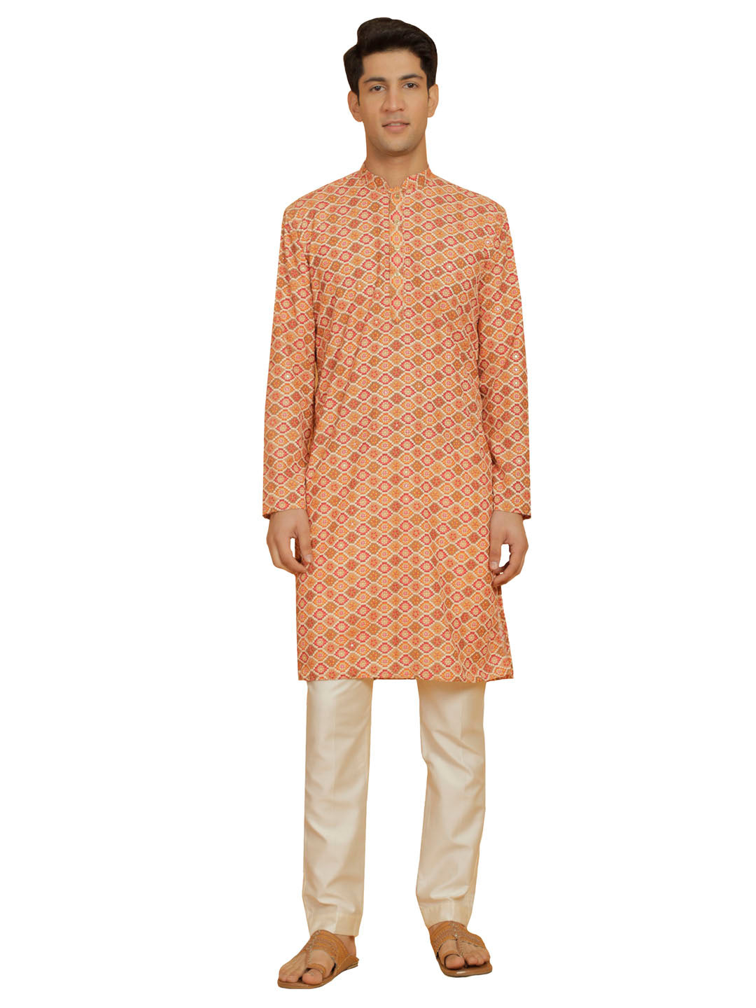 Men's Orannge And Cream Maslin Kurta And Pyjama Set