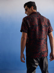 Men's Black Base Red Silk Blend Ethnic Shirt