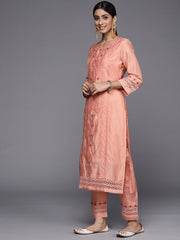 peach embroidered kurta paired with tonal bottom and  embroidered dupatta