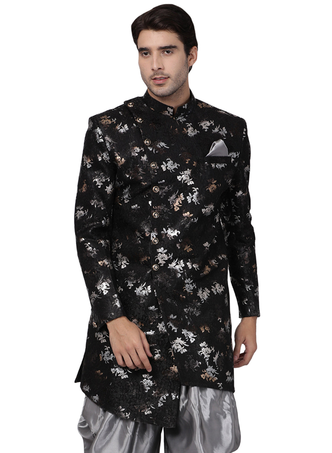 Men's Black Polyester Lurex Blend Sherwani Only Top