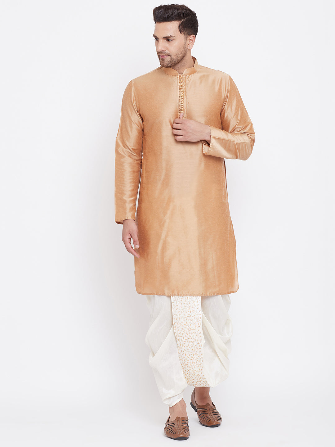 Men's Cream Silk Blend Embroidered Dhoti