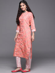 women kurta with button down paired with vertical strip printed pant