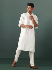 Men's White Cotton Blend Kurta Pyjama Set