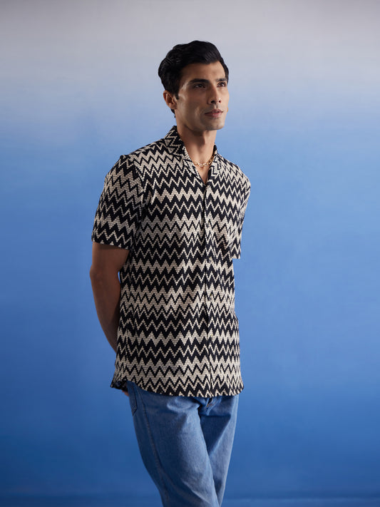 Men's Beige And Black Cotton Blend Ethnic Shirt