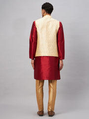 Men's Maroon And Rose Gold Silk Blend Jacket, Kurta and Pyjama Set