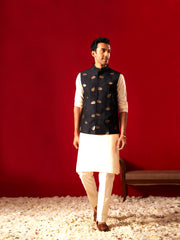 Men's Cream Viscose Jacket, Kurta and Pyjama Set