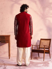 Men's Maroon And Cream Georgette Kurta and Patiala Set